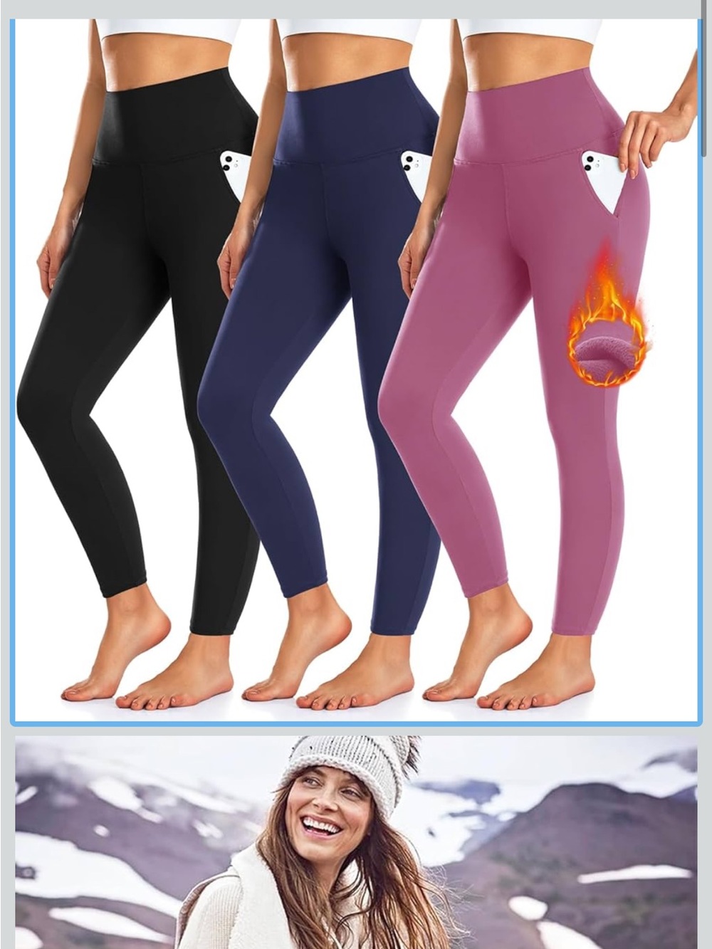 NWOT SET OF 3 High Waist WARM Pocket Leggings - Black, Navy, Mauve